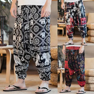 US STOCK Mens Retro Floral Harem Pants Casual Gypsy Baggy Drop Crotch Trousers • $14.16