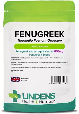 Fenugreek 610mg Lindens - 100 Capsules | Rich In Saponins (3+ Months Supply) • £4.99