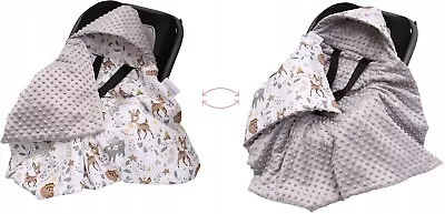 Baby Car Seat Hooded Blanket Double-sided Snuggle Swaddle Wrap Deer And Friends • £19.99