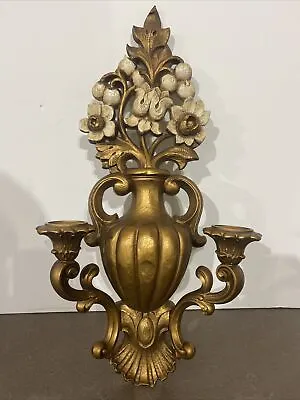 VINTAGE 19”  MCM HOMCO 4104 PLASTIC DOUBLE CANDLE WALL SCONCE URN With FLOWERS • $25.55