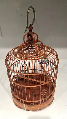 VTG. MID 20th CENTURY CHINESE BAMBOO/WOOD BIRD CAGE W/ PORCELAIN FEED CUPS MCM • $69.95