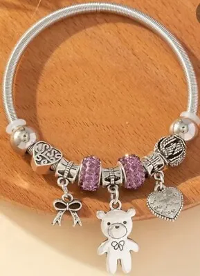  In The Style Of Pandora   Silver Look Charm Bracelet With Teddy Bear Charm • £3.75