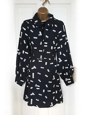 JOANIE 'Dominique' Black Domino Pattern Collared Shirt Dress Size 12 - BNWT • £27.99