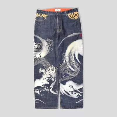 Vintage Japanese Karakuri Tamashii Baggy Embroidered Dragon Denim Jeans • £100