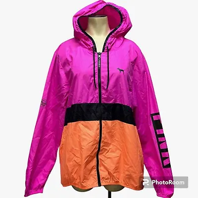 PINK Victorias Secret Size M/L Full Zip Windbreaker Neon Pink Orange Colorblock • $24.99