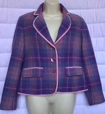 Ness Tweed Lined Blazer Jacket Wool Check Pink Purple Tartan - UK Size 10 • £39.99