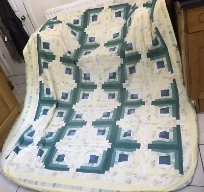 Vintage Hand Made Handmade Patchwork Quilt Floral Stripe Throw Bed Cover • £120