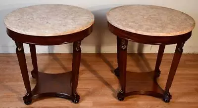 1930 French Empire Mahogany & Marble Top Pair Of Side Tables /  End Tables • $1500