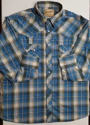 Wrangler Western Fashion Long Sleeve Pearl Snap Blue Plaid Shirt Men's Size XXL • $11.99