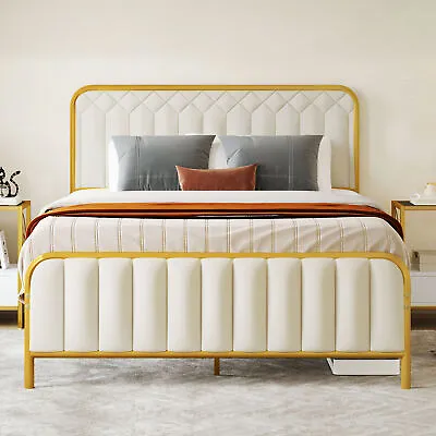 Full Upholstered Platform Bed Frame W/Headboard Mattress Wood Slats Foundation • $135.49