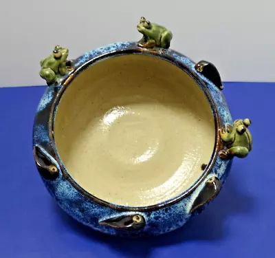 Vtg Majolica Pottery Ceramic Frog & Tadpole BLUE Drip Planter Low Bowl ~ 8  Dia • $39.99