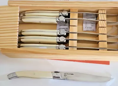 Wolfgang Puck 6 Piece Steak Knife Set Ivory Handles Wooden Storage Gift Box NEW • $29