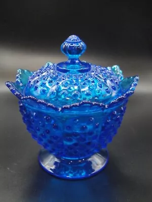 Vintage Fenton Hobnail Colonial Blue Glass Pedestal Covered Candy Dish-Marked • $47.50