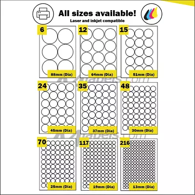 £174.95 • Buy Round Self Adhesive Circular A4 Laser Or Inkjet Printer Labels. Circle Stickers