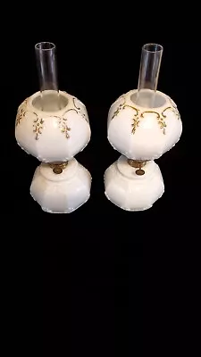 Rare Matched Pair Of Antique Miniature Embossed Milk Glass Oil Lamps • $99.99