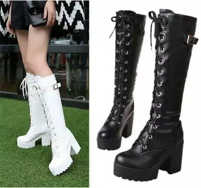 $39.84 • Buy Gothic Womens Punk Knee High Boot Chunky Heel Lace Up Knight Platform Boots Shoe
