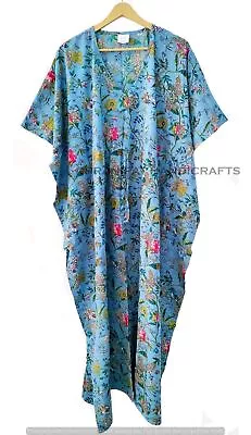 Indian Celeste Blue Long Floral Print Cotton Maxi Women Nightwear Caftan Dress • $22.07