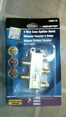 Monster 140007-00 Just Hook It 4 Way Coax Splitter Block FREE SHIP • $12.99