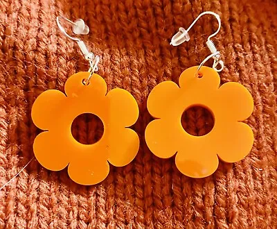 60s 70s 80s ORANGE Flower  GEOMETRIC Dangle Drop Earrings  Club Festival Retro • £2.99