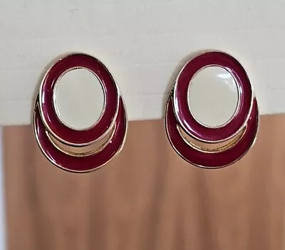 VTG Monet Earrings Lipstick Red Enamel Gold Tone Cream Circle Signed Clip On • $12