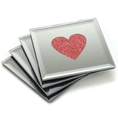 Lustre Love Heart Red Sparkle Glitter Mirrored Glass Coaster Set Of 4 Mat Home • £9.95