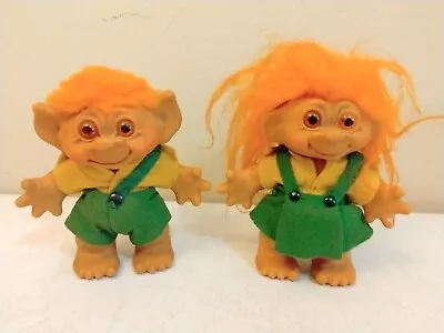 DAM TROLL Bank Brother & Sister ORANGE HAIR Green DRESS 1960 VINTAGE DOLL Set • $60