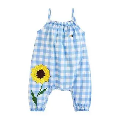 Mud Pie Farmhouse Crochet Sunflower Blue Check Longall  3-6M 6-9M 9-12M • $31.88