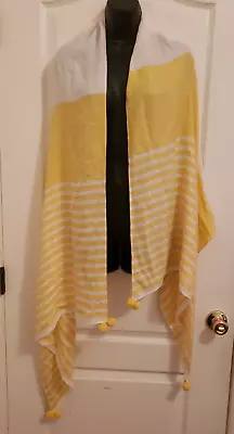 J Crew J0414 Cape Scarf One Size Yellow White Striped Puffballs Wool Blend • $8.99