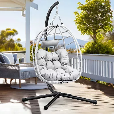 Teardrop Egg Chair Hanging Wicker Hammock Patio Chairs W/ Steel Stand + Cushion • $169.57