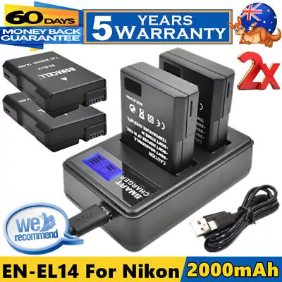 2x 2000mAh EN-EL14 Battery + USB Dual Charger For Nikon D3100 D5100 P7000 D5200 • $34.99