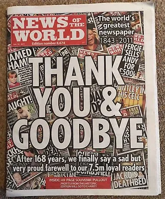 £27.99 • Buy News Of The World Last Newspaper Final Edition No 8674 July 10th 2011