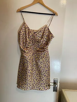 Zara Yellow Floral Draped Satin Effect Mini Dress Size XXL NWT • £7.99