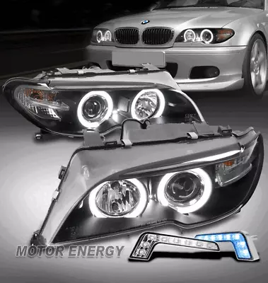 For 04-06 BMW E46 2Dr LED Halo Ring Projector Black Headlights W/Blue DRL Signal • $259.95