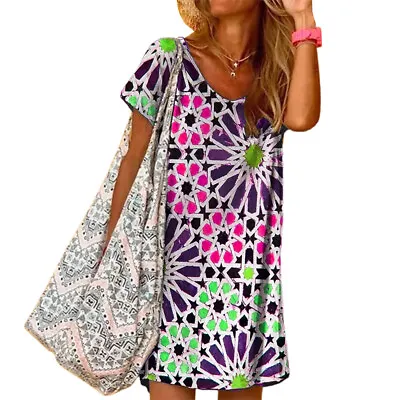 $15.76 • Buy Womens Print Loose V Neck Kaftan Mini T Shirt Dress Beach Short Sleeve Dresses