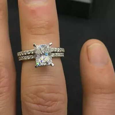 14k White Gold Over 2.55Ct Radiant Moissanite Engagement Wedding Bridal Ring Set • $195.60