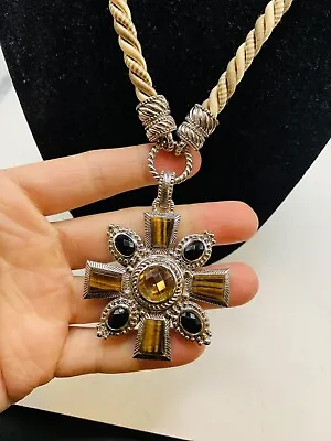 Sterling Silver Judith Ripka Tigers Eye Citrine Onyx Cross Pendant 16” Rope Cord • $175