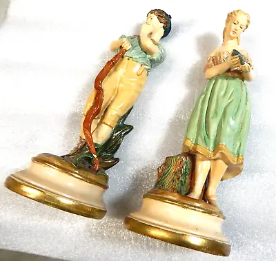Vintage BORGHESE Boy & Girl Italian Chalkware Pair Couple Figurine Art Deco 11” • $25