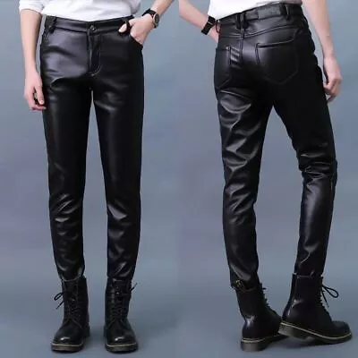 2023 Men's Slim Fit PU Leather Pants Fashion Elastic Motorcycle Pants • $41.50