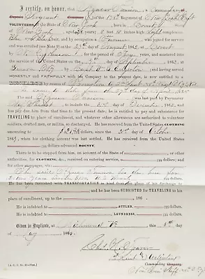 $94.95 • Buy Antique 1865 NY Civil War Soldier Sergeant Discharge Paper From Richmond VA