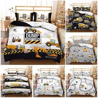 Cool Excavator Construction Vehicles Kids Gift Doona Duvet Quilt Cover Bed Set • $47.18