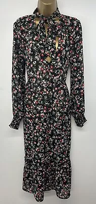 Miss Selfridge Dress Black Floral Sheer Tie High Neck Long Sleeve Midi UK 14 • $10.57
