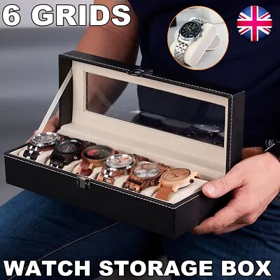 6 Grids Mens PU Leather Watch Case Display Box Storage Jewellery Glass Top UK • £8.97