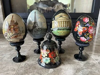 Vintage Wooden Painted Eggs & Bell On Pedestals Hand Made In USSR Russia 9” • $49