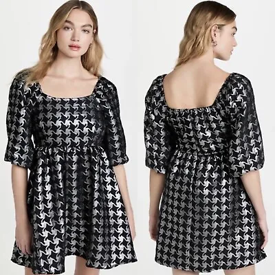 Moon River Black Silver Metallic Puff Sleeve Babydoll Mini Dress Size XS • $39.99