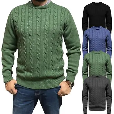 Ex-Store Mens Cable Knit Crew Neck Weave Fisherman Chunky Thick Jumper Pullover • £9.99