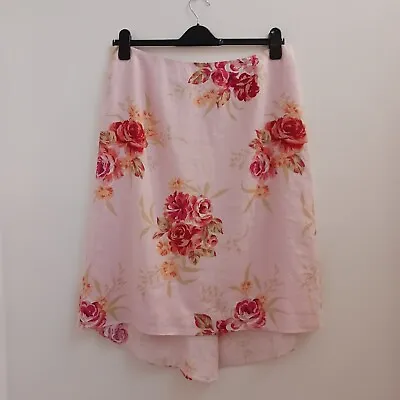 Laura Ashley Vintage Pink Floral 100% Linen Skirt Fishtail Asymmetric Hem UK 16 • $17.42