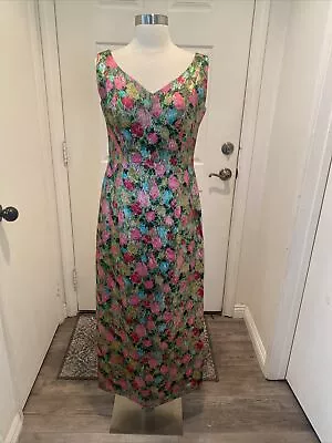 Vintage 60's 70's Gold Metallic Floral Shimmer Party Gown Maxi Long Dress • $49.99