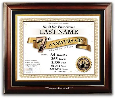 PERSONALIZED HAPPY 7th WEDDING ANNIVERSARY CERTIFICATE - 7 Years PRESENT GIFT • £14.27