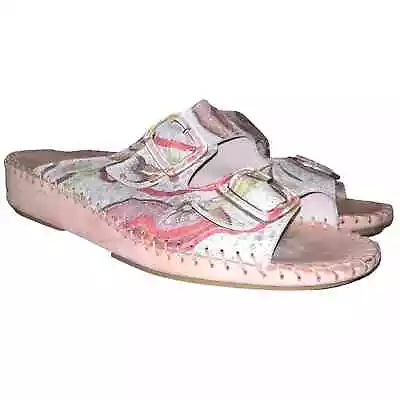 La Plume Jen Low Wedge Ergonomic Sandals Size 37 White And Pink Floral EUC • $49