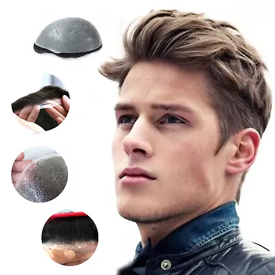 Mens Hair Replacement Ultra Thin Skin Toupee 1B Color Hairpieces PU System Wig • $79.99